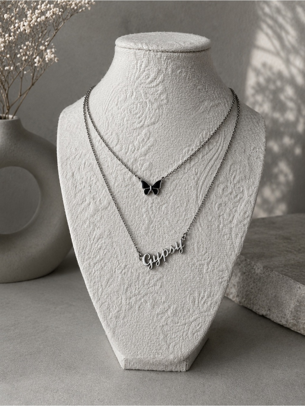 Buckle Gypsy butterfly layered silver necklace set